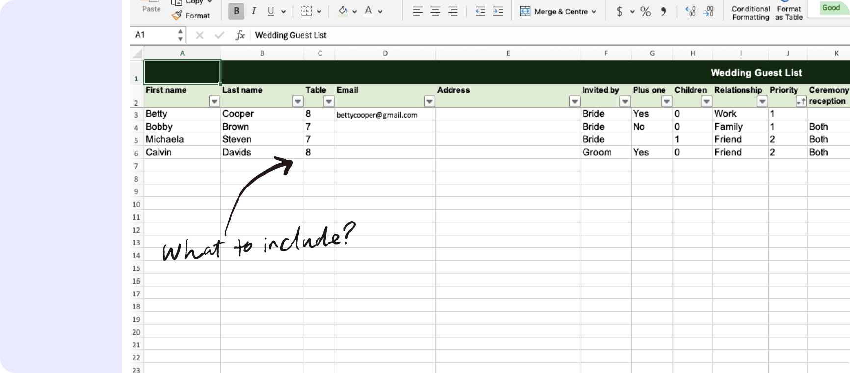 Wedding guest list spreadsheet