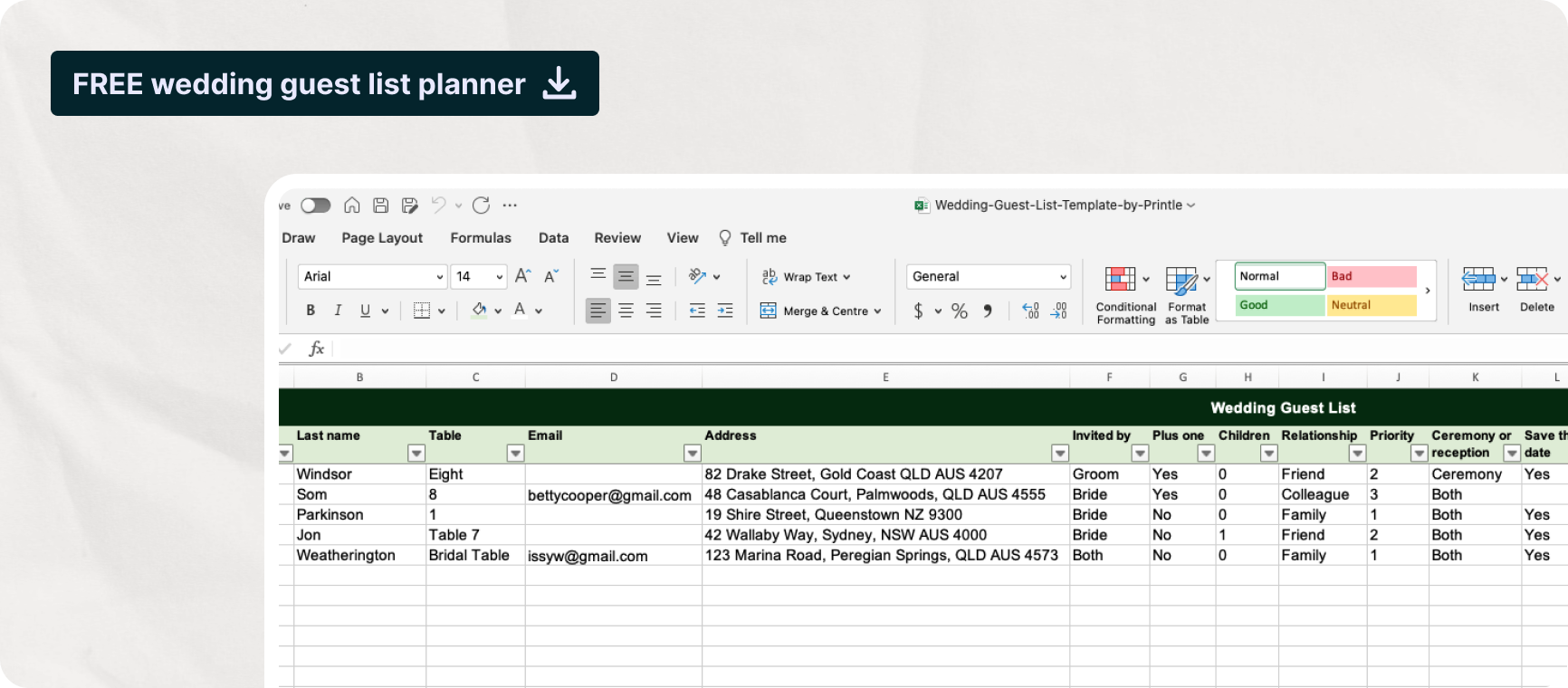 Free Wedding Guest List Spreadsheet Template Printle Free Wedding Guest List Spreadsheet Template Printle